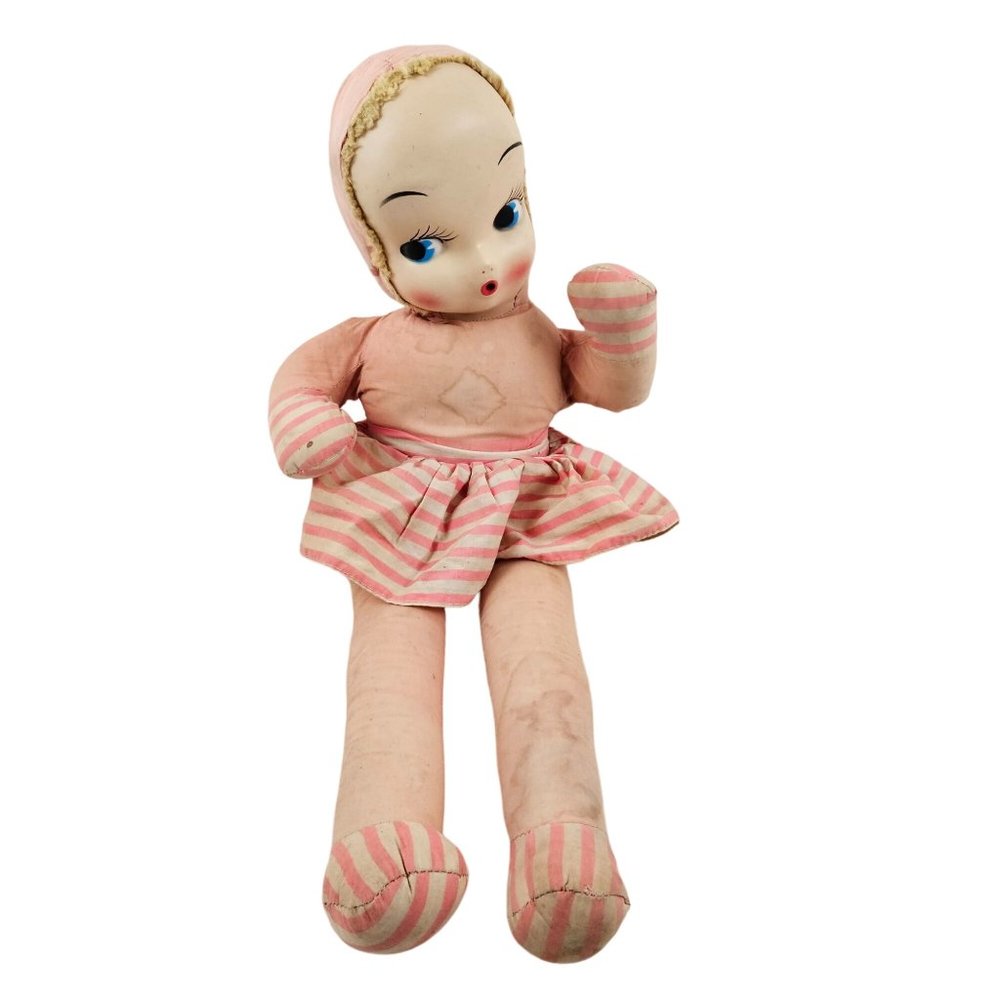 Etone Doll Plush Plastic Face Pink White Stripe Rosy Cheeks Blue Eyes Vintage